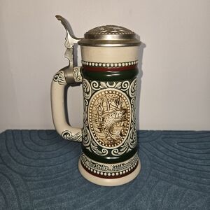 Avon Green and Cream Ceramic Fish Stein with Pewter Lid